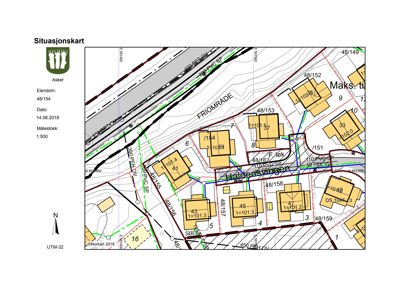 Situasjonskart som viser eiendomsgrenser, naboeiendommer og infrastruktur i Asker kommune.
