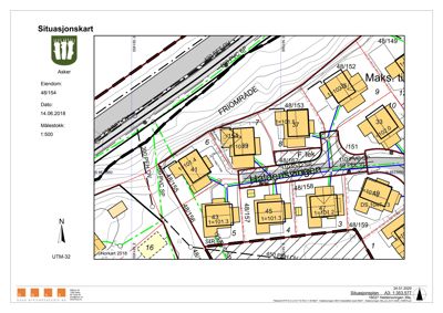 Situasjonskart som viser eiendommen 48/154 i Asker med nabolag, vegger og topografi.