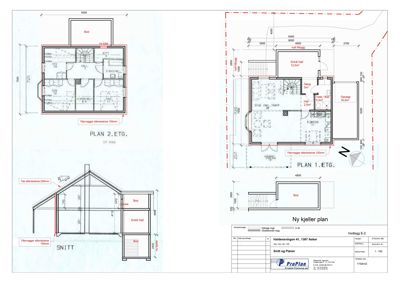 Bildet viser et sett med etasjeplan (PLAN 1. ETG og PLAN 2. ETG) samt et snitt (SNITT) av en bygning. Det er tegninger som viser romfordeling og mål.