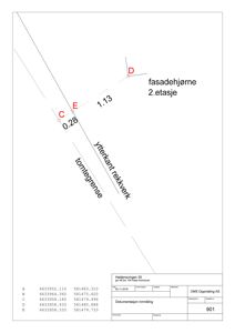 Tegning som viser fasadehjørne og ytterkant av bygningen sett fra utsiden.