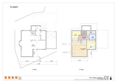 Etasjeplaner for 1. og 2. etasje med romfordeling og mål.