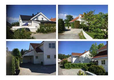 En collage med fire fotografier av en hvit villa sett fra ulike vinkler.