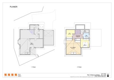 Etasjeplaner for 1. og 2. etasje med romfordeling og arealoppsett.