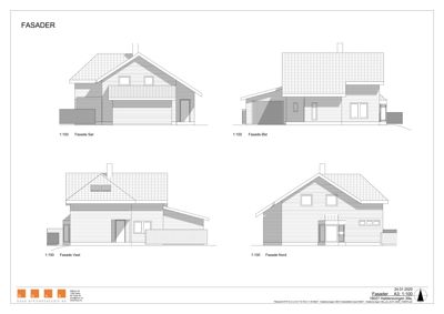 Bildet viser fire fasadetegninger av en bolig, vist fra de fire hovedsidene (Sør, Øst, Vest, Nord).