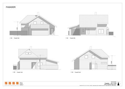 Bildet viser en tegning med fire utsnitt av fasaden til et hus (Sør, Øst, Vest, Nord).