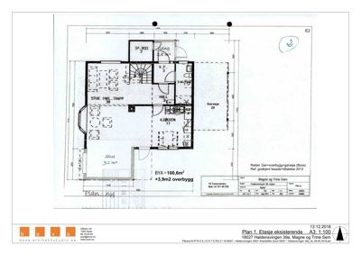 Etasjeplan (1. etasje) som viser romfordeling, veggtykkelse og mål for en eksisterende bygning.