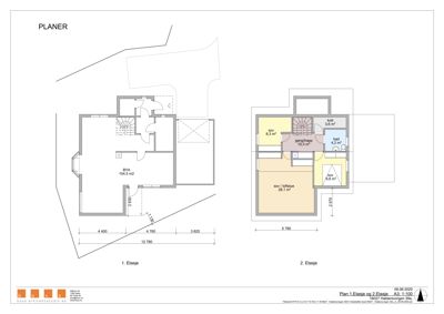 Etasjeplaner for 1. og 2. etasje med romfordeling og mål.