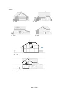 Bildet viser en tegningsside med fire fasadetegninger (Sør, Vest, Øst, Nord) og to snittegninger (Snitt A og Snitt B) av en bolig.