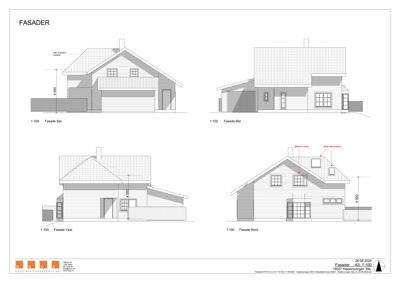 Bildet viser en tegning med fire fasadeopprikk (Sør, Øst, Vest, Nord) for en bolig.