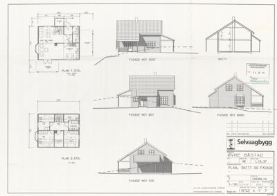 Bildet viser en samling tegninger for et hus, inkludert etasjeplaner (Plan 1. etg., Plan 2. etg.), fasadetegninger og et snitt. Siden det inneholder flere tegningstyper, er 'floor_plan' en representativ klassifisering.