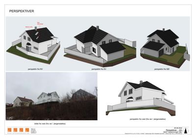 Bildet viser en side med 3D-perspektivtegninger (renderinger) av en bolig, samt et eksisterende bilde av nabohus.