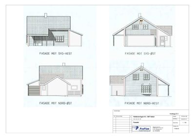 Bildet viser fire fasadetegninger av en bolig, med angivelse av retningene de viser mot (syd-vest, syd-øst, nord-øst, nord-vest).