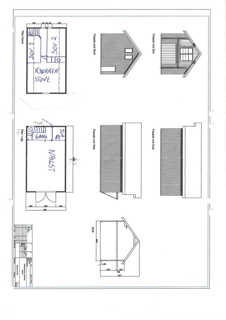 Bildet viser en tegning med fasadeopprikk (fra fire sider) og en snittegning av en bygning.