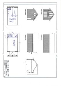 Bildet viser en tegning med fasadeopprikk (fra fire sider) og en snittegning av en bygning.