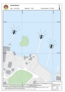 Situasjonsplan for Nordås Marina som viser bygningers plassering, vei (Håvard Stjords vei), vannområder, terrengkonturer og koordinatsystem (UTM 32N).