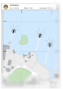 Situasjonsplan for Nordås Marina som viser bygningers plassering, vei (Håvard Stjords vei), vannområder, terrengkonturer og koordinatsystem (UTM 32N).