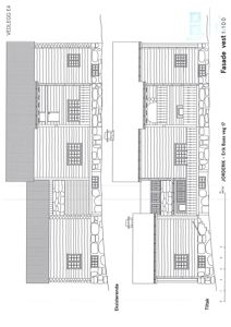 Tegning som viser fasaden på en bygning sett fra vest. Den viser eksisterende og tiltak (nybyggeri/renovering) med detaljer om vinduer, veggmateriale og takform.
