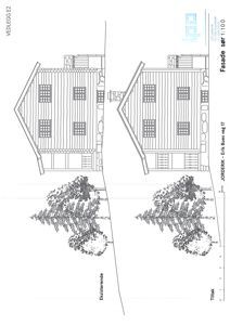 Fasadetegning som viser eksisterende og tiltaksfasade for en bygning med trær i forgrunnen.