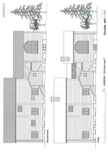 Fasadetegning som viser eksisterende og tiltak for en bygning sett fra øst.