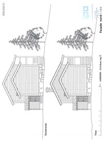 Fasadetegning som viser fronten på en hytte sett fra siden (fra venstre til høyre). Tegningen inkluderer detaljer om takform, vinduer, dører og materialbruk.