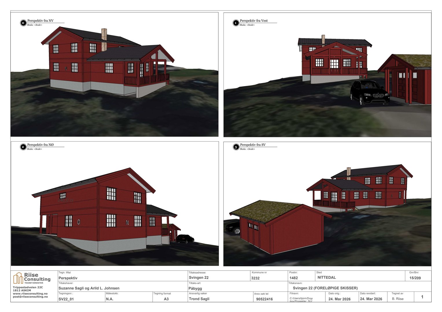 Perspektivtegninger (renderinger) av en planlagt bygning sett fra fire ulike vinkler (NØ, VØ, NØ, SV).
