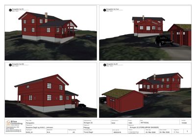 Perspektivtegninger (renderinger) av en planlagt bygning sett fra fire ulike vinkler (NØ, VØ, NØ, SV).