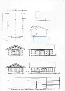 Fasadetegning som viser front- og sideoppsett for en bygning, inkludert mål og detaljer.
