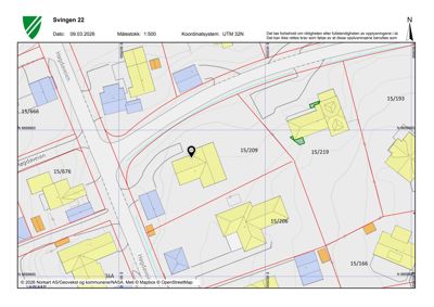 Kart over Svingen 22 som viser eiendomsnummer, veier og nabolag.