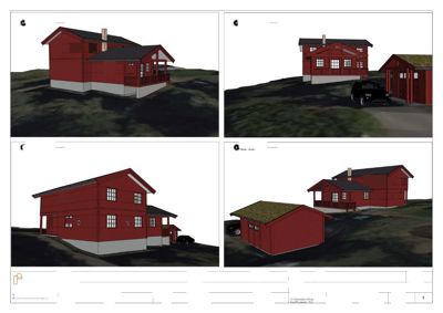 Perspektivtegninger (renderinger) av en planlagt bygning sett fra fire ulike vinkler (NØ, VØ, NØ, SV).