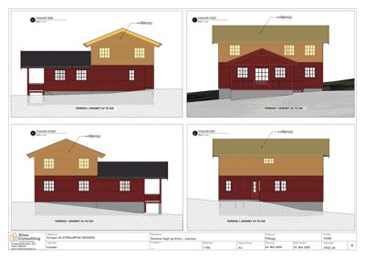 Fasadetegning som viser bygningens utsyn fra fire sider (Sør, Vest, Nord, Øst) med oppriss av tak og fasadeelementer.