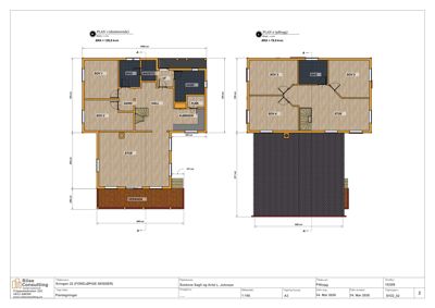 Plantegning som viser romfordeling og dimensjoner for etasjene i en bolig (PLAN 1 og PLAN 2).