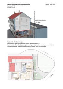 Bildet viser en 3D-visualisering av et hus med et snitt (tiltak) og en tilhørende etasjeplan (bunnplan) med romoppdeling og arealoppsett.