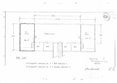 Plantegning av et tørkeloft med romfordeling, dimensjoner og merking av tilleggsdel seksjoner.