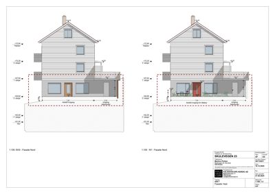Fasadetegning som viser bygningens utseende sett fra nord og vest, inkludert mål, høyder og materialvalg.
