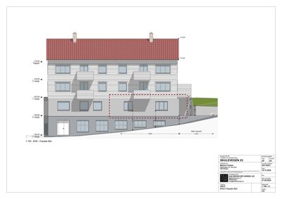 Eksisterende fasadetegning (EKS) av en bygning sett fra øst, med høydemål og etasjeskiller.