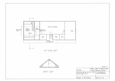 Bildet viser en tegning med etasjeplan for et loft (NY PLAN LOFT) og et snitt gjennom loftet (SNITT LOFT).