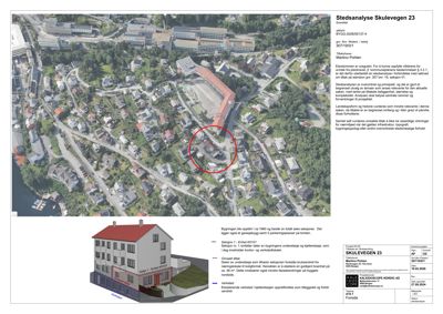 Luftfoto av eiendom ved Skulevegen 23 med overlagte tegninger og analyse.