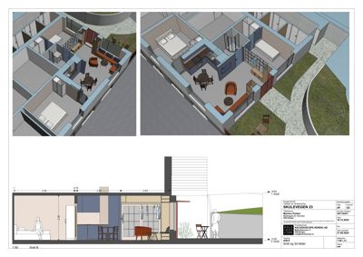 Bildet viser en samling tegninger for et hus. Øverst er det to 3D-visualiseringer (renderinger) som viser romfordeling og møblering. Nederst er det en teknisk snittegning (Snitt B) med mål og detaljer.