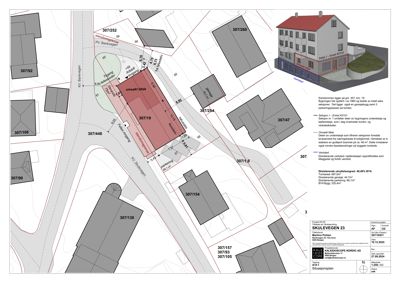 Situasjonsplan som viser eksisterende og planlagt bebyggelse, veier, parkeringsplasser og arealdata for SKULEVEGEN 23.