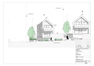 Fasadetegning som viser bygningens utseende fra fronten, inkludert høyder, takform, vinduer og omgivelsene.