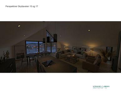 3D-visualisering (rendering) av et innendørs rom (kitchen/living area) med utsikt over vannet. Bildet viser møbler, lys og materialvalg for å illustrere et designkonsept.