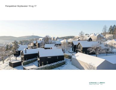 3D-visualisering (rendering) av et boligprosjekt i snø, med overskriften 'Perspektiver Skyttaveien 15 og 17'.