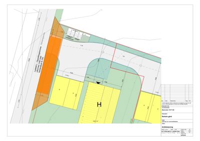 Situasjonsplan som viser tomtens form, grenser, bebyggelse (hus H), parkeringsplasser (P) og arealbruk.