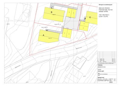 Situasjonsplan som viser tomtens form, grenser, eksisterende og planlagte bygninger (A, B, E), samt beregnet utnyttelsesgrad og arealoppsummering.