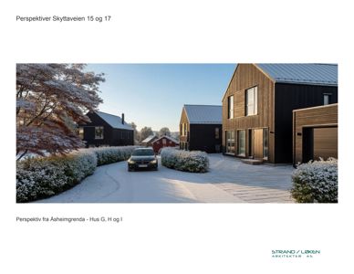 3D-visualisering (rendering) av et boligprosjekt med snødekke, bil og omgivelser.