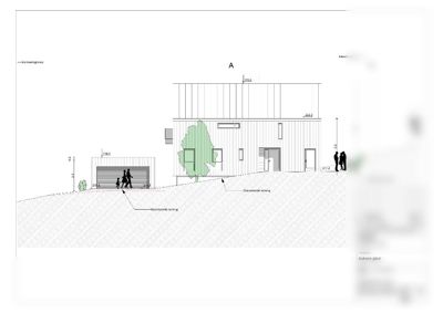 Snittegning (A-A) som viser bygningens tverrsnitt, høyder, terrengforhold og fasadeelementer.