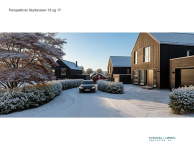 3D-visualisering (rendering) av et boligprosjekt med snødekke, sett fra en vinkel som viser fasade og inngang.