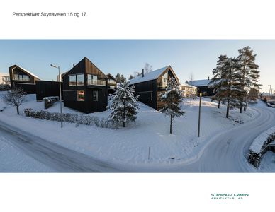 3D-visualisering (rendering) av et boligprosjekt med tittelen 'Perspektiver Skyttaveien 15 og 17'.