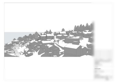 En 3D-visualisering (rendering) som viser et perspektivutsnitt av et boligområde med flere hus, trapper og terrengformet i et skogkledt landskap.