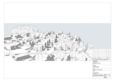 En 3D-visualisering (rendering) som viser et perspektivutsnitt av et boligområde med hus og trær.